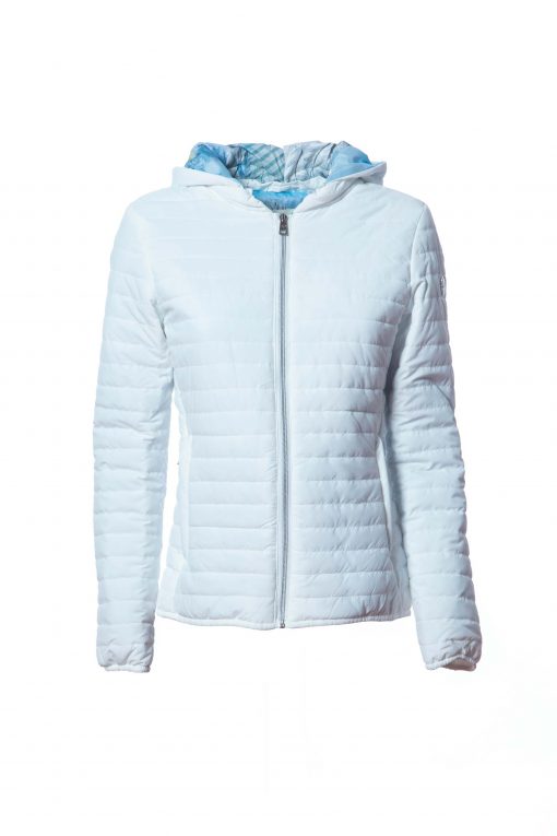 Blouson 100g in ecopiuma con fodera fantasia floreale e cappuccio staccabile