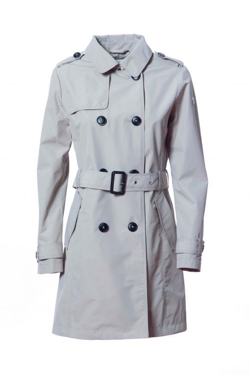 Double-breasted trench coat in laminated fabric